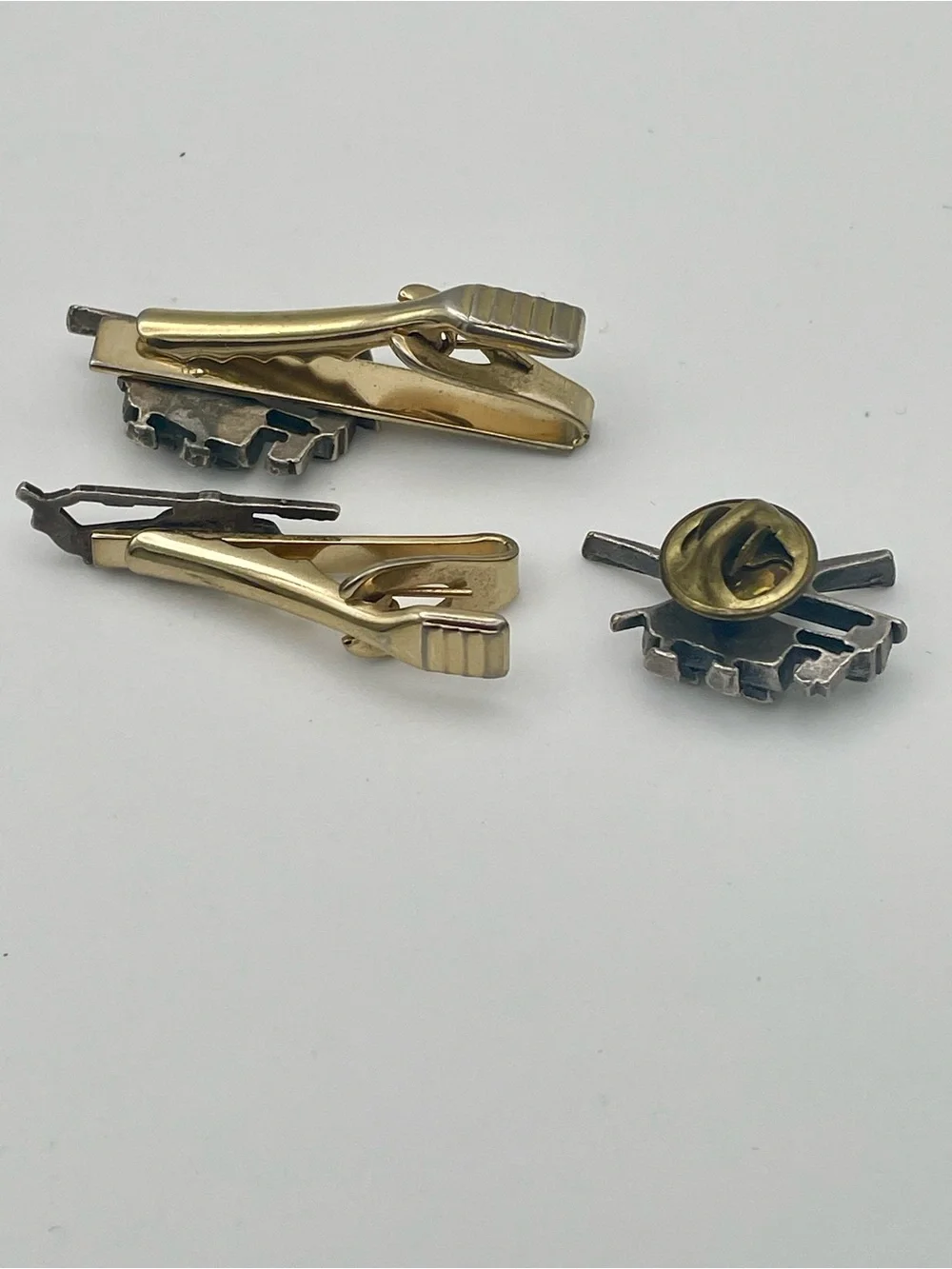 Vintage 2 Helicopter Tie Clips and Lapel Pin Set - Silver Tone on Gold